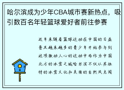 哈尔滨成为少年CBA城市赛新热点，吸引数百名年轻篮球爱好者前往参赛