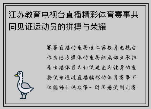 江苏教育电视台直播精彩体育赛事共同见证运动员的拼搏与荣耀