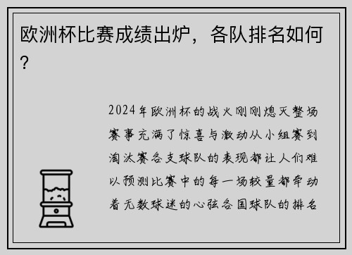 欧洲杯比赛成绩出炉，各队排名如何？